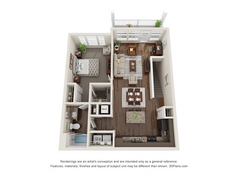 Floor plan for 1 bed, 1 bath, 857 sqft